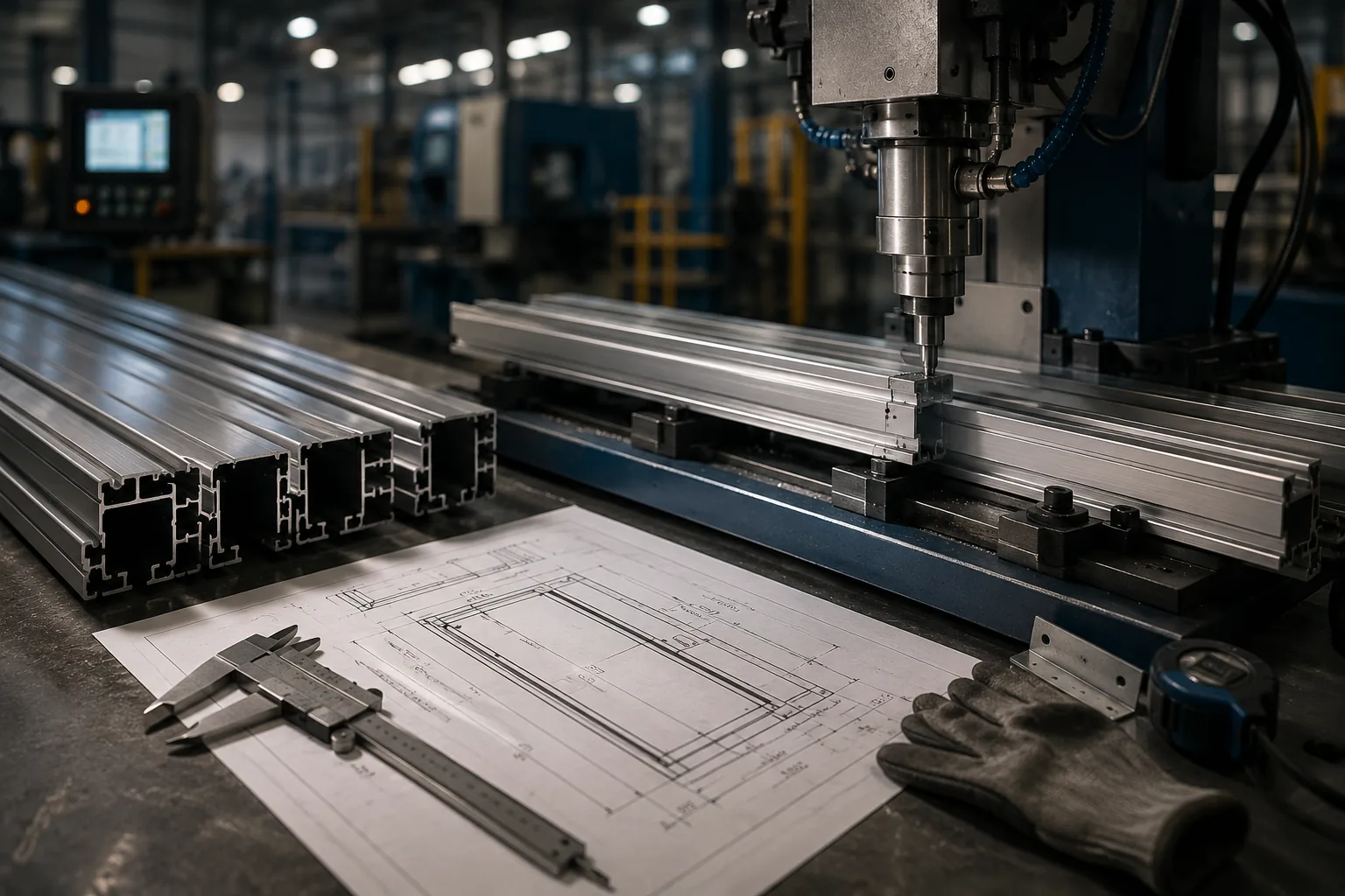 CNC mašina obrađuje aluminijumski profil u proizvodnom pogonu, pored pomerljivo merilo i tehnički crtež