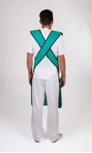A protective lead apron seen from the back, with crossed straps