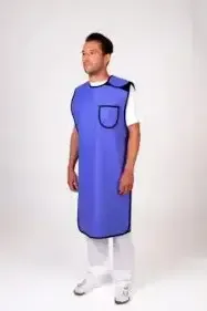A purple protective lead apron with a chest pocket