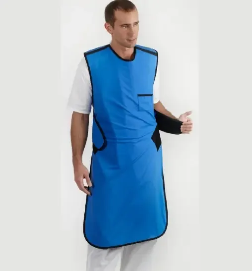 A blue protective lead apron seen at three-quarter view as it is fastened
