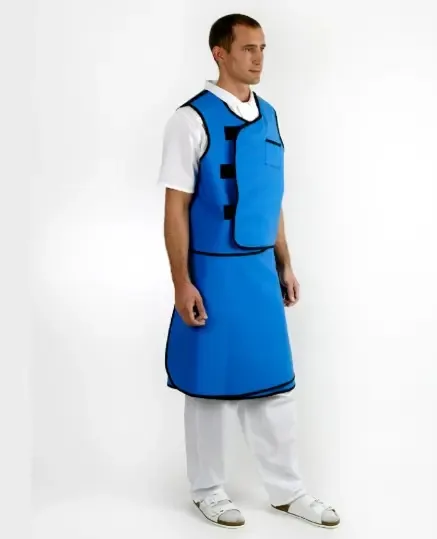 A two-piece protective lead suit — a blue vest and skirt, worn by a person