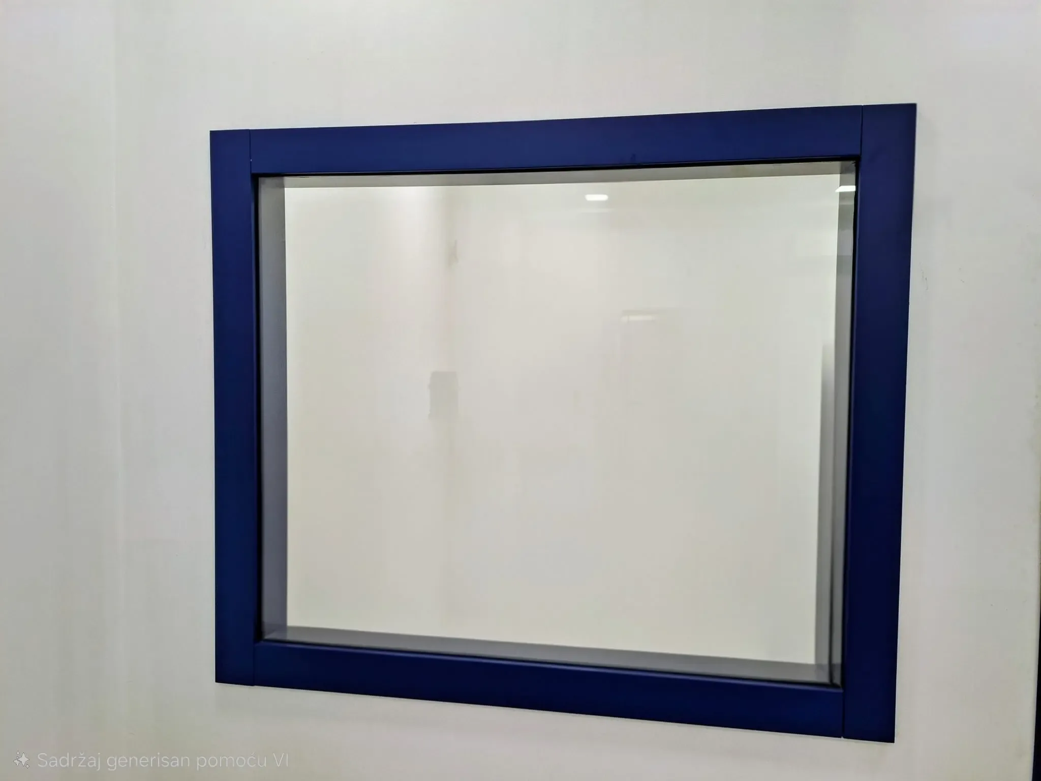 Protective lead glass in a dark blue frame set into a wall