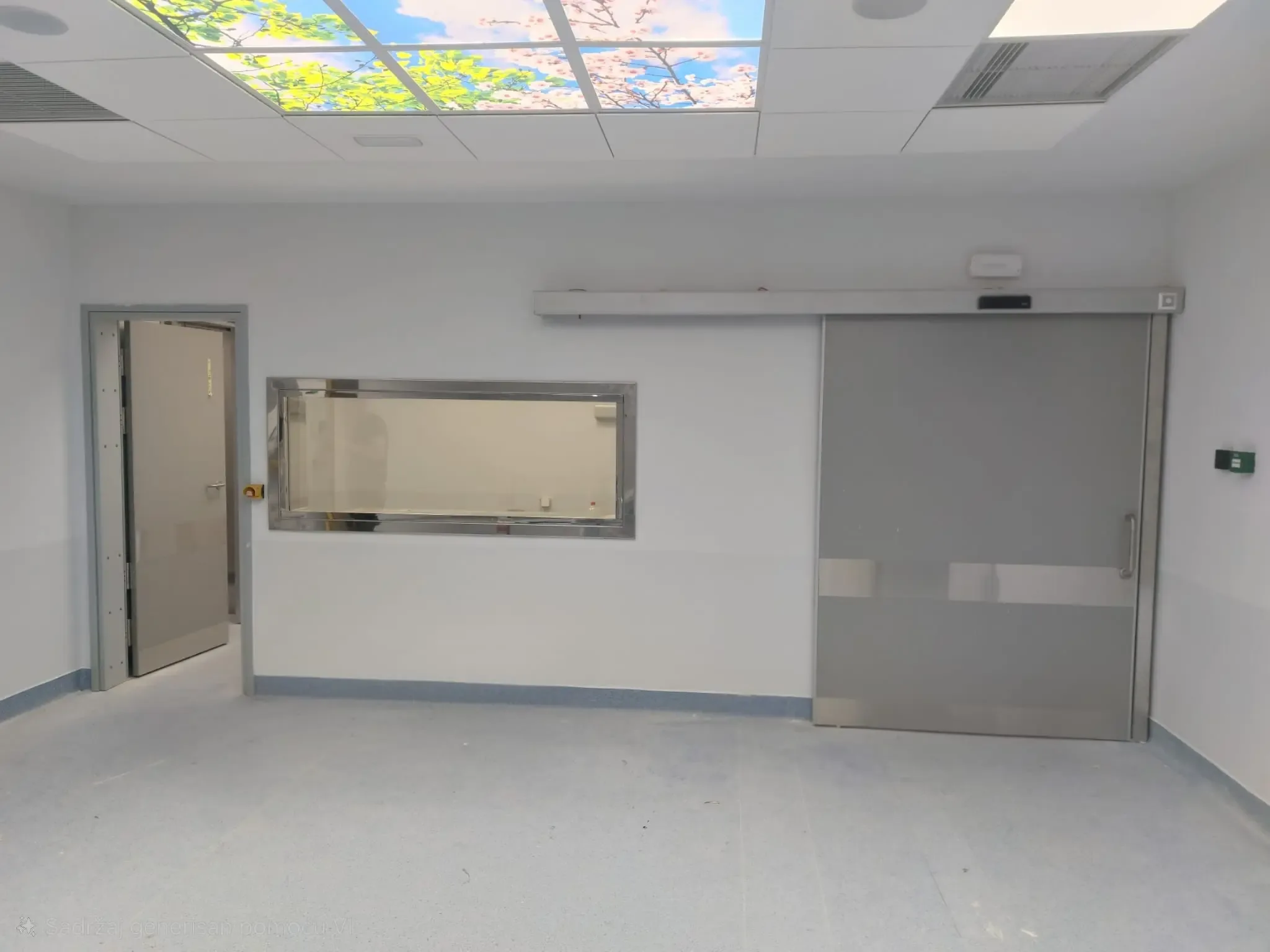 Rendgen sala sa zaštitnim olovnim staklom u zidu i hermetičkim kliznim vratima