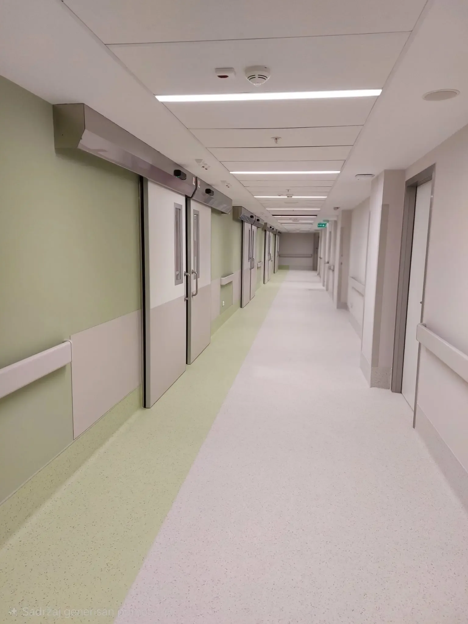 A corridor in a healthcare building with a row of doors, a handrail and a protective wall rail