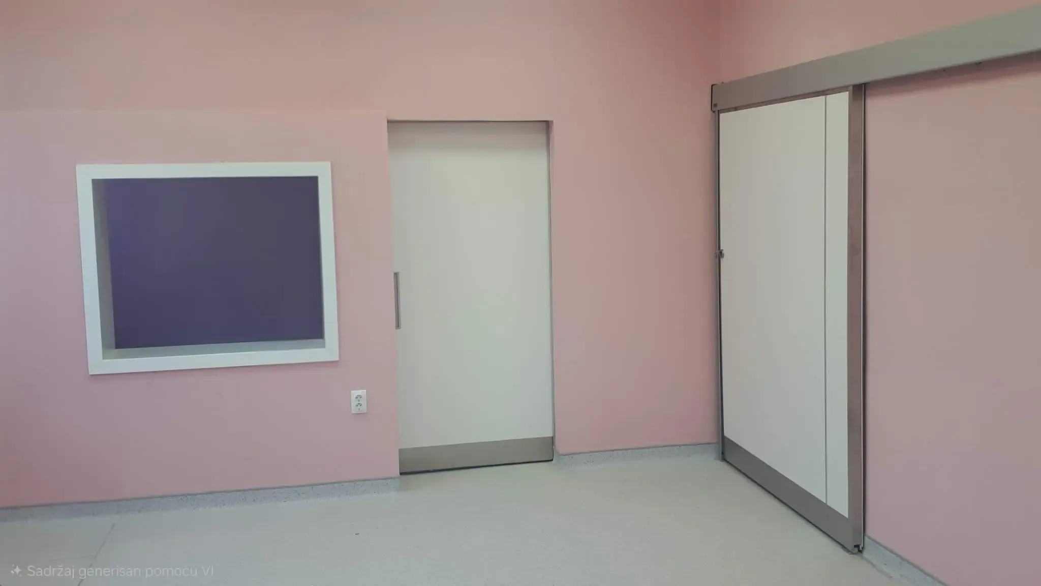 An X-ray room with a protective lead window, a swing door and a lead-lined sliding door