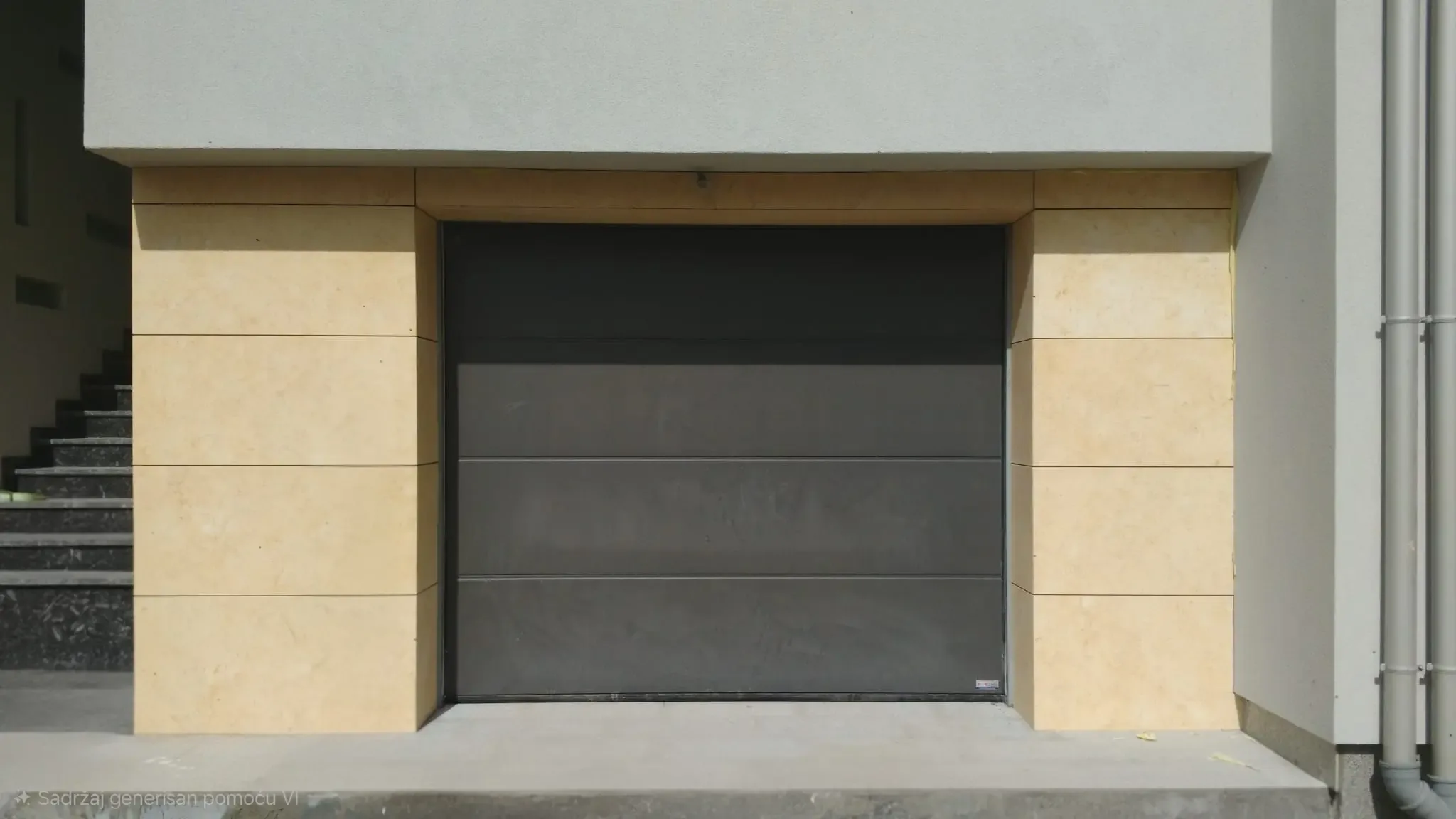 A dark grey sectional garage door in an opening clad in pale stone