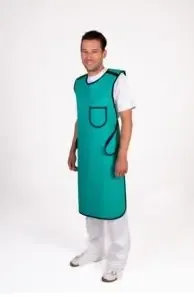 A green protective lead apron with a chest pocket, seen from the front