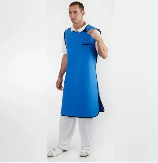 A blue protective lead apron with dark edging, seen from the front