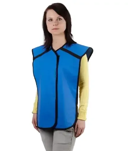 A blue protective lead vest with dark edging, seen from the front