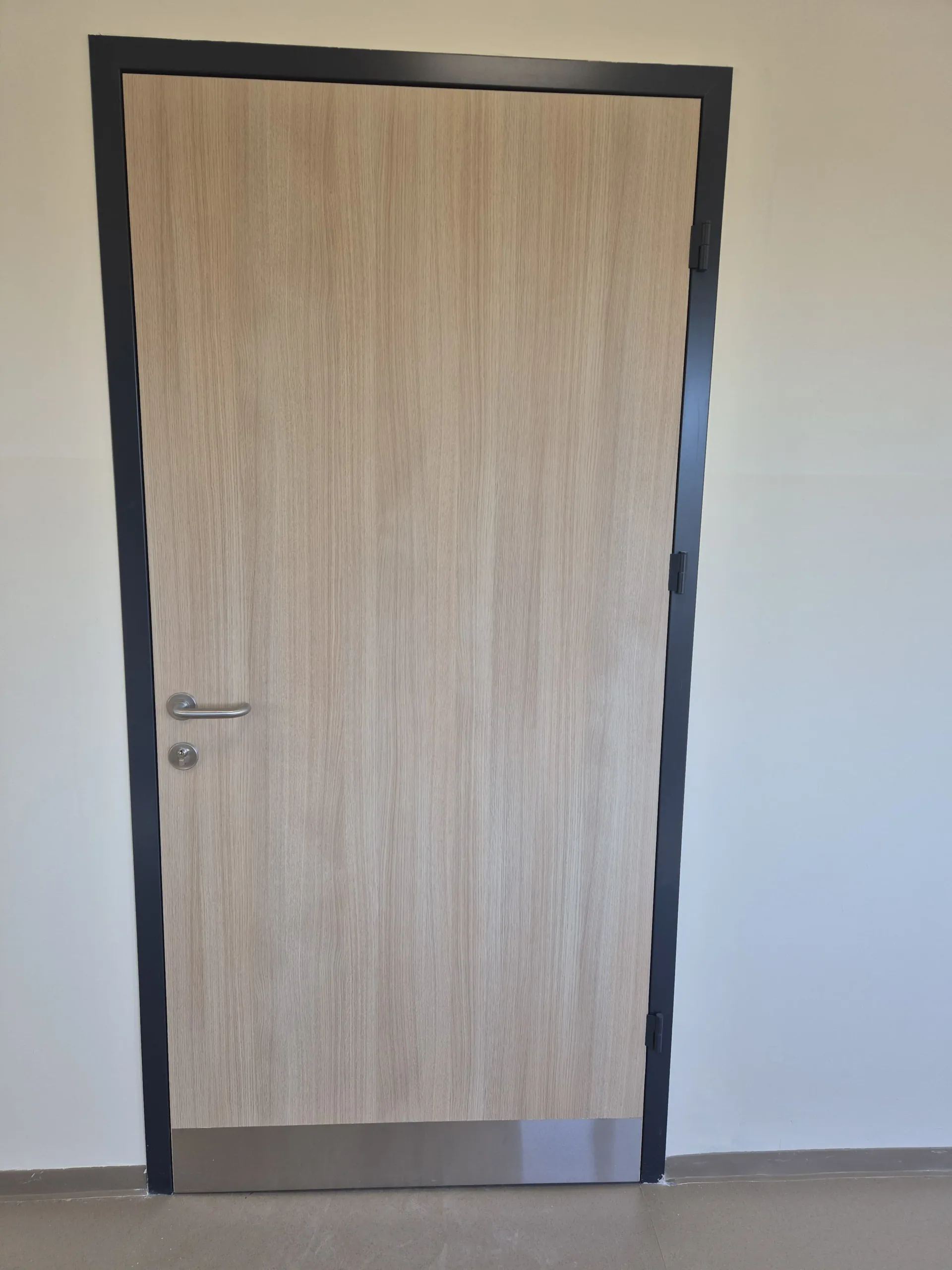 An interior door in a light timber finish with a dark frame and a kick plate at the foot of the leaf