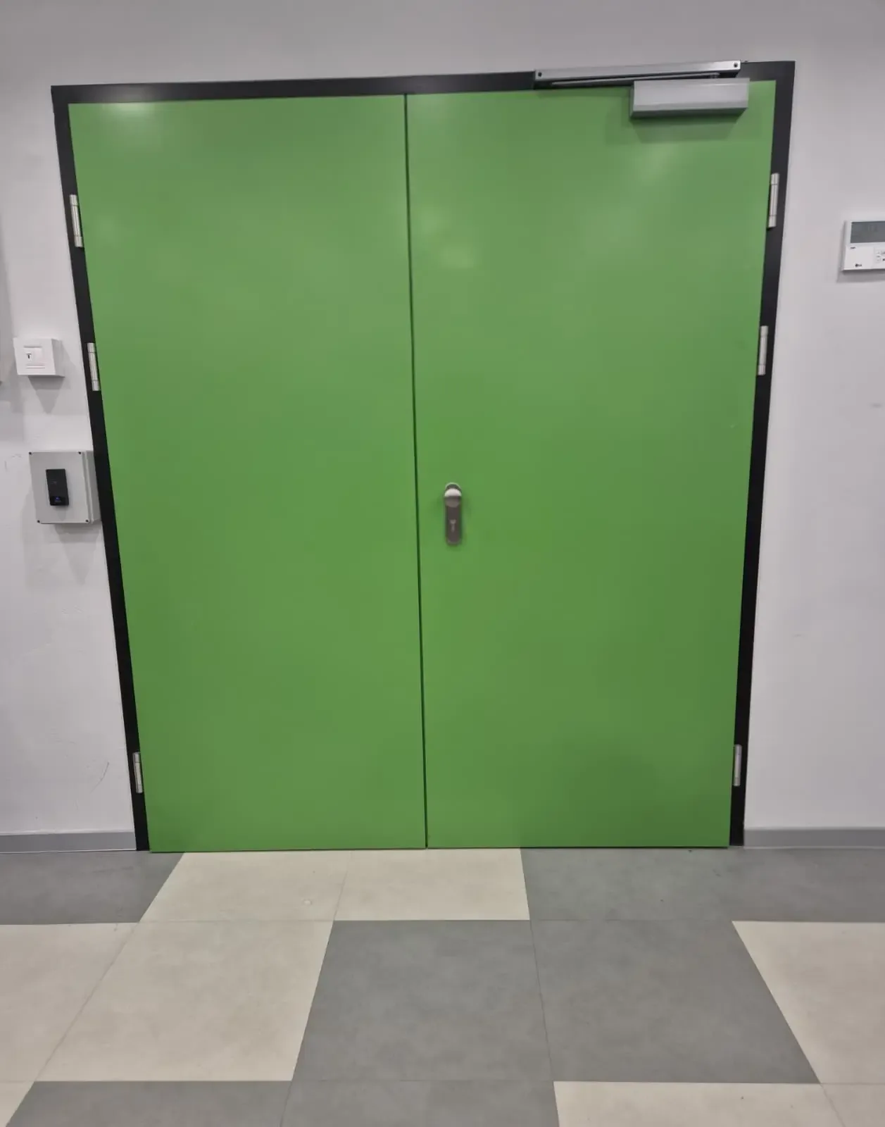 Double-leaf interior doors with green leaves, a black metal frame and an overhead door closer